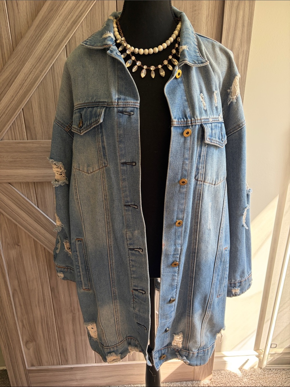 Oversized Distressed Denim Jacket - Light Blue
